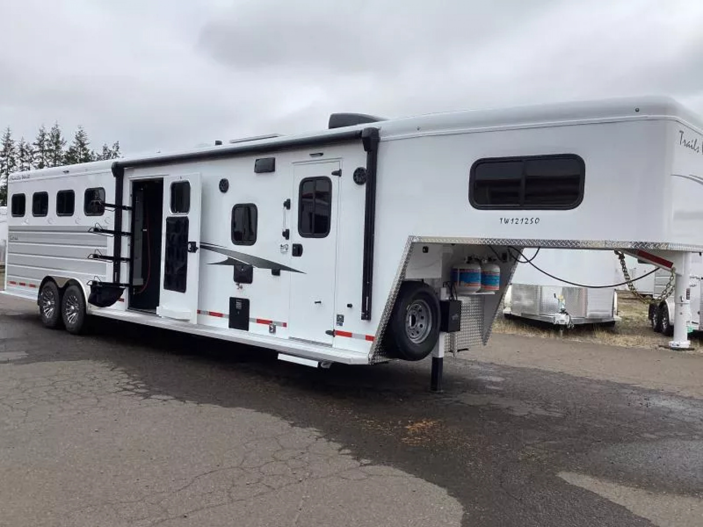 New 2026 Trails West SIERRA 12X12 LQ - Slide-out 4 Horse Trailer - SOLAR!! -power awning-escape door- Side Tack- 10cu.ft. Fridge